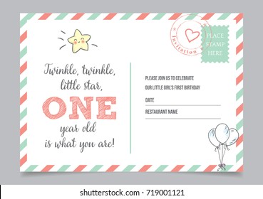 Twinkle, Twinkle, Little Star, Girl's First Birthday One Year Party Printable Invitation Card