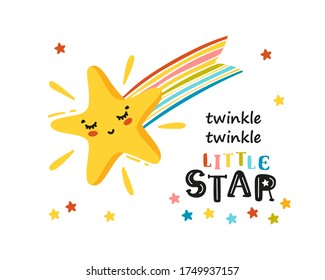 Twinkle Twinkle Little Star - Tarjeta de felicitación para niños. Estrella Amarilla de Tiroteo. Doodle Cute Kawaii Cae Estrellas.  Impresión de camisetas, afiche para guardería, ducha para bebés, vacaciones o diseño de fiesta de cumpleaños