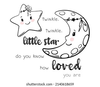 Twinkle little star. Moon and stars boho children's print for t-shirt or baby bodysuit