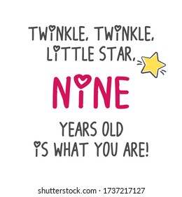 Twinkle, Twinkle, Little Star Nine Years Old Is What You Are! Birthday Party Printable Invitation Card, Banner On White Background