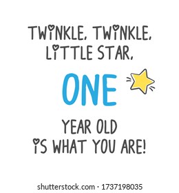 Twinkle, Twinkle, Little Star One Year Old Is What You Are! Birthday Party Printable Invitation Card, Banner On White Background