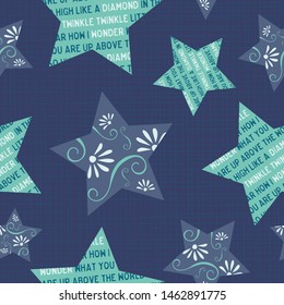 Twinkle little star seamless pattern. Large stars on a dark blue textured background. Adorable design with the rhyme's words in the star shapes. For textiles, nursery decor, pajamas or wallpaper. 