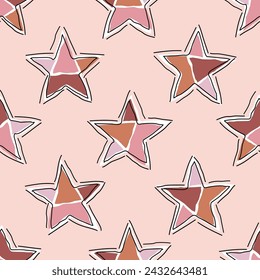 Twinkle Twinkle Little Star. Seamless pattern of stars in patchwork style, doodle strokes and black line outline. Pink earth tone color.