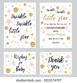 Twinkle Twinkle Little Star Text With Cute Gold, Pink Colors For Girl Baby Shower Card Template Vector Illustration Set Banner For Children Birthday Design, Invitation, Thank Woy Card, Wishes For Baby