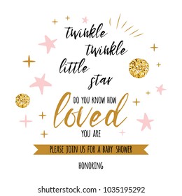 Twinkle twinkle little star text with cute gold, pink colors for girl baby shower card template Vector illustration. Banner for children birthday design, logo, label, sign, print. Inspirational quote