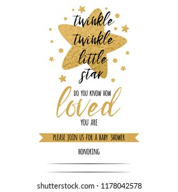 Twinkle twinkle little star text with cute golden stars for girl baby shower card template. Vector illustration. Banner for children birthday design, logo, label, sign, print. Inspirational quote