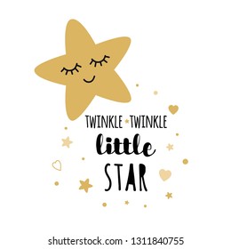 Twinkle twinkle little star text with cute golden stars for girl baby shower card template. Vector illustration. Banner for children birthday design, logo, label, sign, print. Inspirational quote