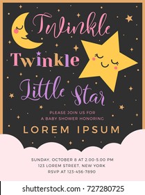 Twinkle twinkle little star text with cute star and moon for girl baby shower card template