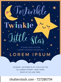 Twinkle Twinkle Little Star Text With Cute Star And Moon For Boy Baby Shower Card Template