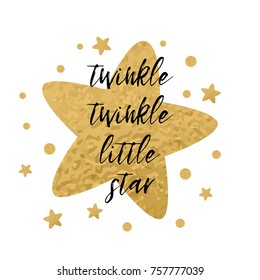 Twinkle twinkle little star text with cute golden stars for girl baby shower card template. Vector illustration. Banner for children birthday design, logo, label, sign, print. Inspirational quote