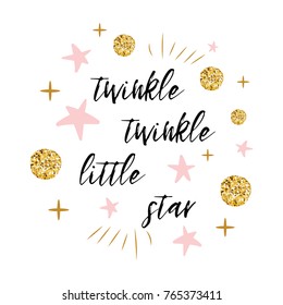 Twinkle brilho pequeno texto estrela com ouro bonito, cores rosa para menina modelo de cartão de chá de bebê modelo Vector ilustração. Banner para crianças design de aniversário, logotipo, etiqueta, sinal, impressão. Citação inspiradora