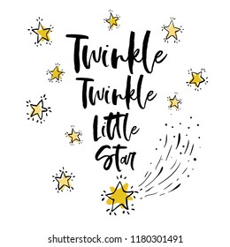 Twinkle twinkle little star text, falling little stars. Baby cute sky t-shirt design. Simple doodle hand drawn illustration in watercolor style. Black, yellow, gray graphic on white background.