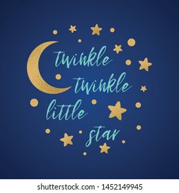 Twinkle twinkle little star text with gold star and moon baby shower card template