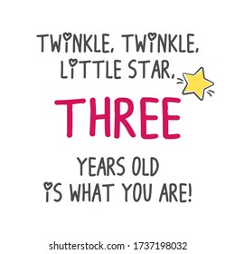 Twinkle, Twinkle, Little Star Three Years Old Is What You Are! Birthday Party Printable Invitation Card, Banner On White Background