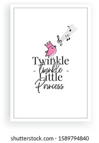 Twinkle, twinkle little star, vector. Wording design, lettering. Pink Singing bird silhouette. Childish poster design, home wall decoration for little Princess. Wall decals, wall artwork,poster design