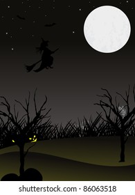 twinkle star background with hanging pumpkin on dry tree, witch flying with their hornbroom