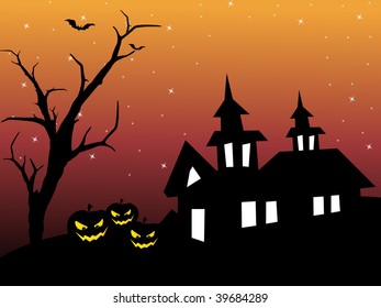 twinkle star background with spooky house, dead tree and pumpkin