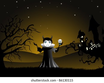 twinkle star background with vampire holding skull and haunted house on dry tree another side