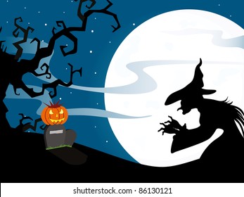 twinkle star background with witch and pumpkin on gravestone