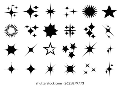 Twinkle estrela ícone preto definido em fundo branco. Ícone de coleção de diferentes estrelas cintilantes vetoriais. Coleção de ícones de vetor brilhante futurista retrô. Formas de estrelas cintilantes decorativas e explosões. 