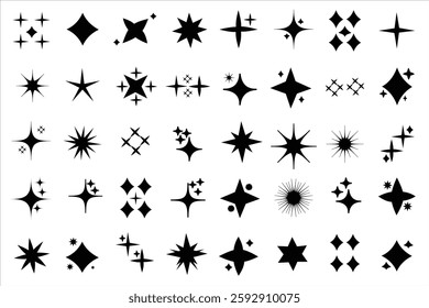 Twinkle star black icons vector set.  Twinkling stars. Shining burst. Set of Star Shapes. Cool Sparkle Icons Collection.  Christmas stars icons. Twinkling star.