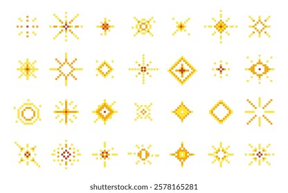 Twinkle star, glitter sparkle burst and shining cosmic particle decorative pixel art 8-bit retro style isolated set. Simple flicker aesthetics bright golden flash geometric shapes vector illustration