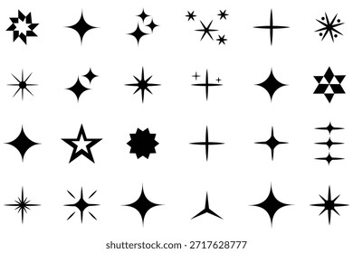 Coleção de vetores de ícone de estrela cintilante. Ícone de estrela cintilante vetores, cintilação cintilante, coleção de formas de estrela de explosão solar. Ícone de estrela cintilante ou conjunto de silhuetas pretas de estrelas. efeito de luz brilhante,