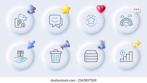 Twinkle star, Lgbt and Parking security line icons. Buttons with 3d bell, chat speech, cursor. Pack of Smile face, Loyalty program, Graph chart icon. Trash bin, Servers pictogram. Vector
