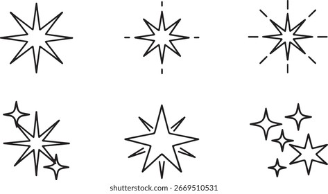 Twinkle estrela ícone de luz definido. Star twinkle glitter faísca contorno brilhante ícone set. Desenho desenhado à mão estilo doodle. ilustração vetorial	