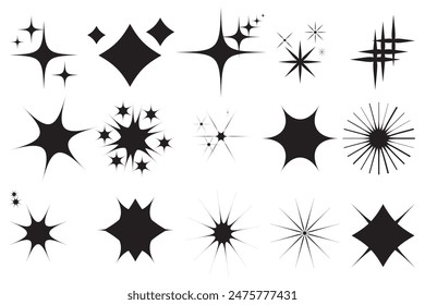 Twinkle star. Set of black silhouettes of stars. Set of black stars. Set of star sparkling and twinkling cartoon. Vector illustration. Isolated on white background. shining star icons.