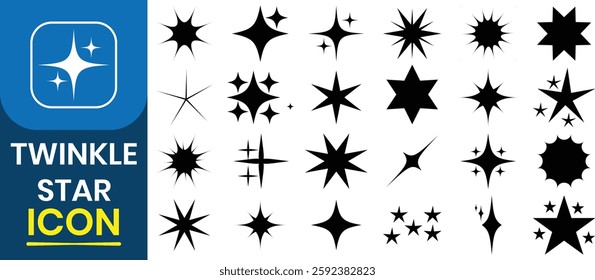 Twinkle Star sparkle icon. Stars twinkle vector icon set. Collection of bright fireworks, shiny flash, sparkles, shining burst, star burst, flash star. Vector illustration.