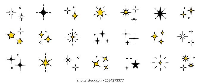 Vector de estrella brillante brillante mágico icono de luz. Conjunto de iconos de brillo de chispa de brillo de brillo de brillo de estrella. Dibujado a mano estilo doodle. Ilustración vectorial de pictograma de luz mágica.