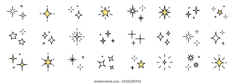 Twinkle estrela vetor brilhante ícone de luz mágica brilhante. Star twinkle glitter faísca contorno brilhante ícone set. Estilo de rabiscar de desenho à mão. Ilustração vetorial de pictograma de luz mágica.