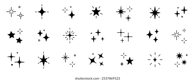 Vector de estrella brillante brillante mágico icono de luz. Conjunto de iconos de brillo de chispa de brillo de brillo de brillo de estrella. Dibujado a mano estilo doodle. Ilustración vectorial de pictograma de luz mágica.