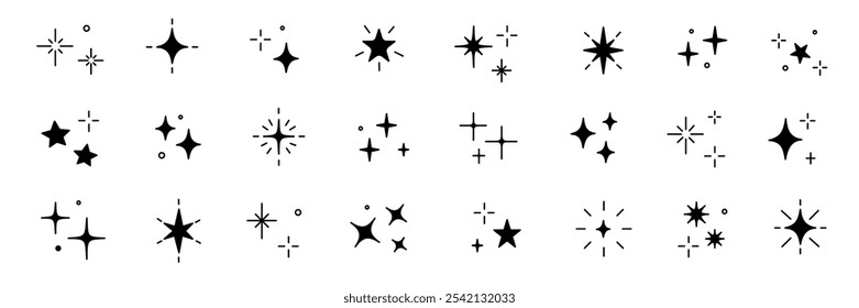 Vector de estrella brillante brillante mágico icono de luz. Conjunto de iconos de brillo de chispa de brillo de brillo de brillo de estrella. Dibujado a mano estilo doodle. Ilustración vectorial de pictograma de luz mágica.