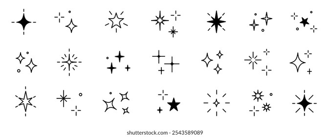 Twinkle star vector glitter bright magic light icon. Star twinkle glitter spark outline shine icon set. Hand drawn sketch doodle style. Magic light pictogram vector illustration.