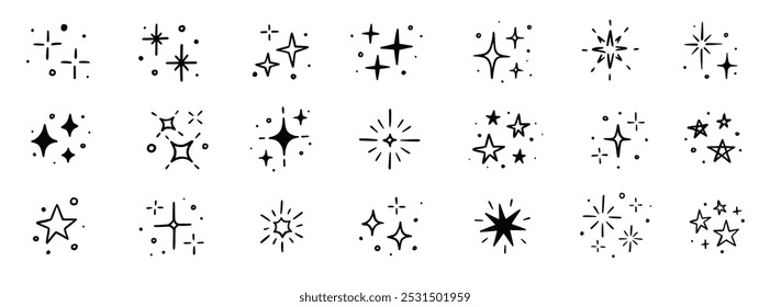 Twinkle star vector spark element icon. Star twinkle glitter spark hand drawn shine icon set. Hand drawn sketch doodle style. Magic light decoration background vector illustration