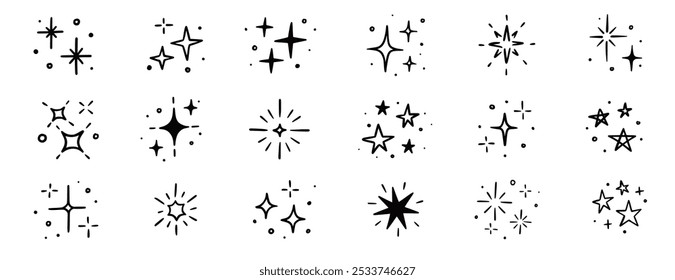 Icono de elemento de chispa de Vector de estrella brillante. Estrella centellear brillo chispa dibujado a mano brillo conjunto de iconos. Dibujado a mano estilo doodle. Ilustración vectorial de fondo de decoración de luz mágica