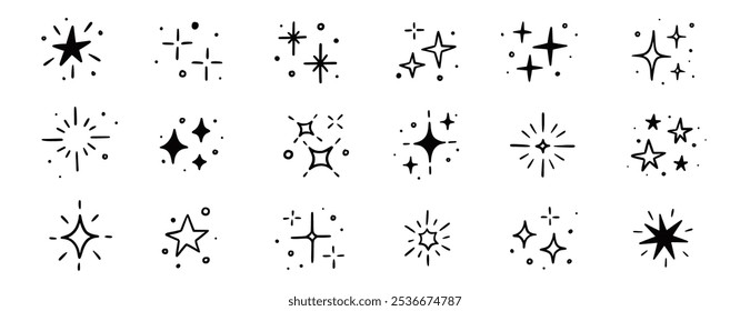 Icono de elemento de chispa de Vector de estrella brillante. Estrella centellear brillo chispa dibujado a mano brillo conjunto de iconos. Dibujado a mano estilo doodle. Ilustración vectorial de fondo de decoración de luz mágica