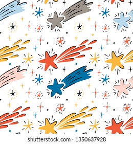 Twinkle Stars. Cartoon Comet Vector Seamless Pattern for Kids. Little Cute Falling Star Background for Holiday or Birthday, Baby Shower or Nursery Design