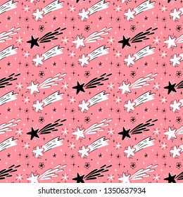 Twinkle Stars. Cartoon Comet Vector Seamless Pattern for Kids. Little Cute Falling Star Background for Holiday or Birthday, Baby Shower or Nursery Design