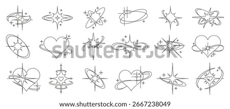 Twinkle stars with cosmic orbits, linear hearts with glitter sparkles. Y2k aesthetic line sparkle star symbols, modern celestial tattoo design, abstract starbursts or magical glint elements vector set