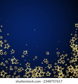 Twinkle stars scattered around randomly, flying, falling down, floating.  Christmas celebration concept. Festive stars vector illustration on dark blue background.