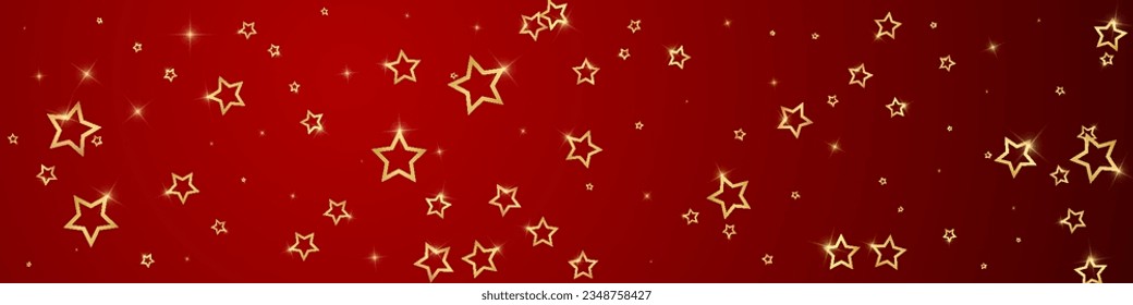 Twinkle stars scattered around randomly, flying, falling down, floating.  Christmas celebration concept. Festive stars vector illustration on red background.