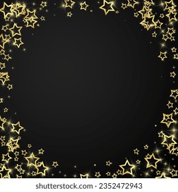 Twinkle stars scattered around randomly, flying, falling down, floating.  Christmas celebration concept. Festive stars vector illustration on black background.