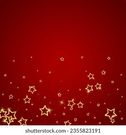 Twinkle stars scattered around randomly, flying, falling down, floating.  Christmas celebration concept. Festive stars vector illustration on red background.