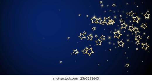 Twinkle stars scattered around randomly, flying, falling down, floating.  Christmas celebration concept. Festive stars vector illustration on dark blue background.