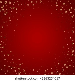 Twinkle stars scattered around randomly, flying, falling down, floating.  Christmas celebration concept. Festive stars vector illustration on red background.