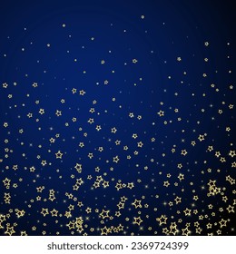 Zackensterne verstreut, fliegen, herunterfallen, schwimmen.  Weihnachtsfest-Konzept. Festliche Sterne, Vektorgrafik auf dunkelblauem Hintergrund.