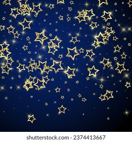 Estrellas de remolinos esparcidas al azar, volando, cayendo, flotando.  concepto de celebración de Navidad. Ilustración vectorial de estrellas festivas sobre fondo azul oscuro.